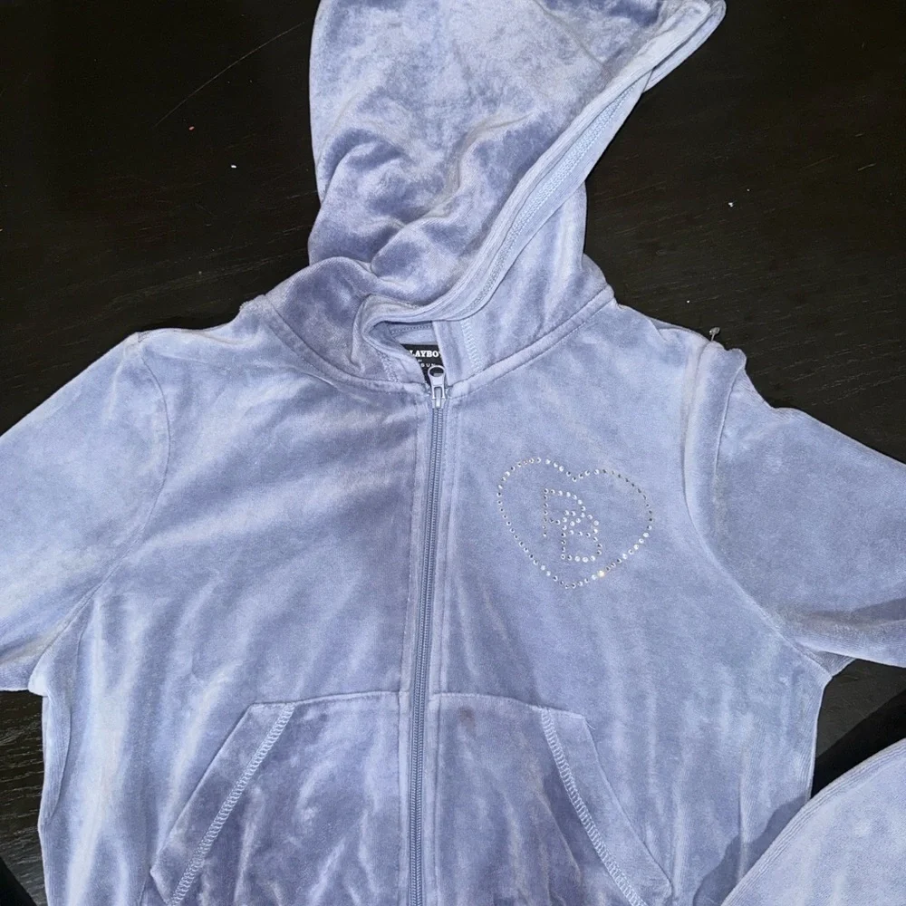 Playboy for Pacsun Y2K Baby Blue Zip-Up Hoodie with Heart Accent - Picture 1 of 10